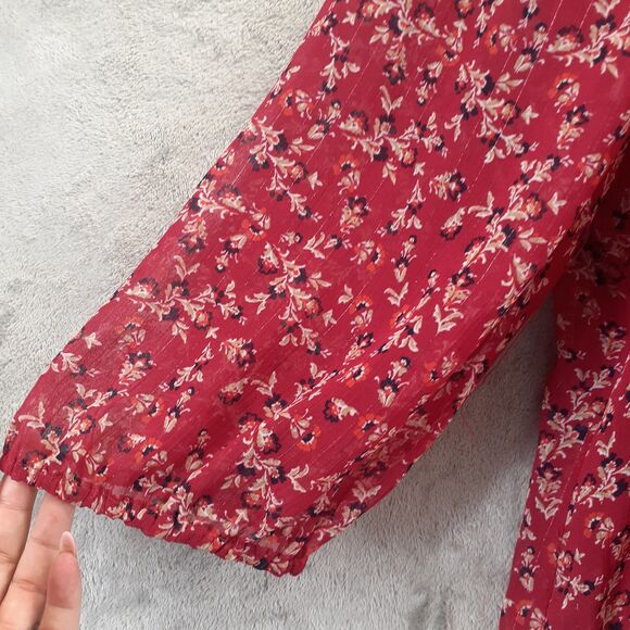 St. John's Bay Size 1X Womens Red Paisley Drawstring Long Sleeve Pleated Blouse - Picture 8 of 9